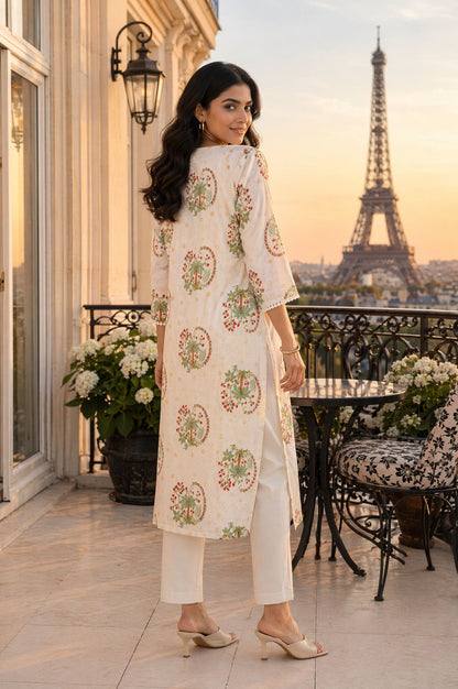 Off White Floral Printed Rayon Straight Kurta with Lace