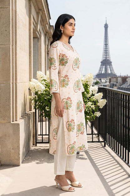 Off White Floral Printed Rayon Straight Kurta with Lace