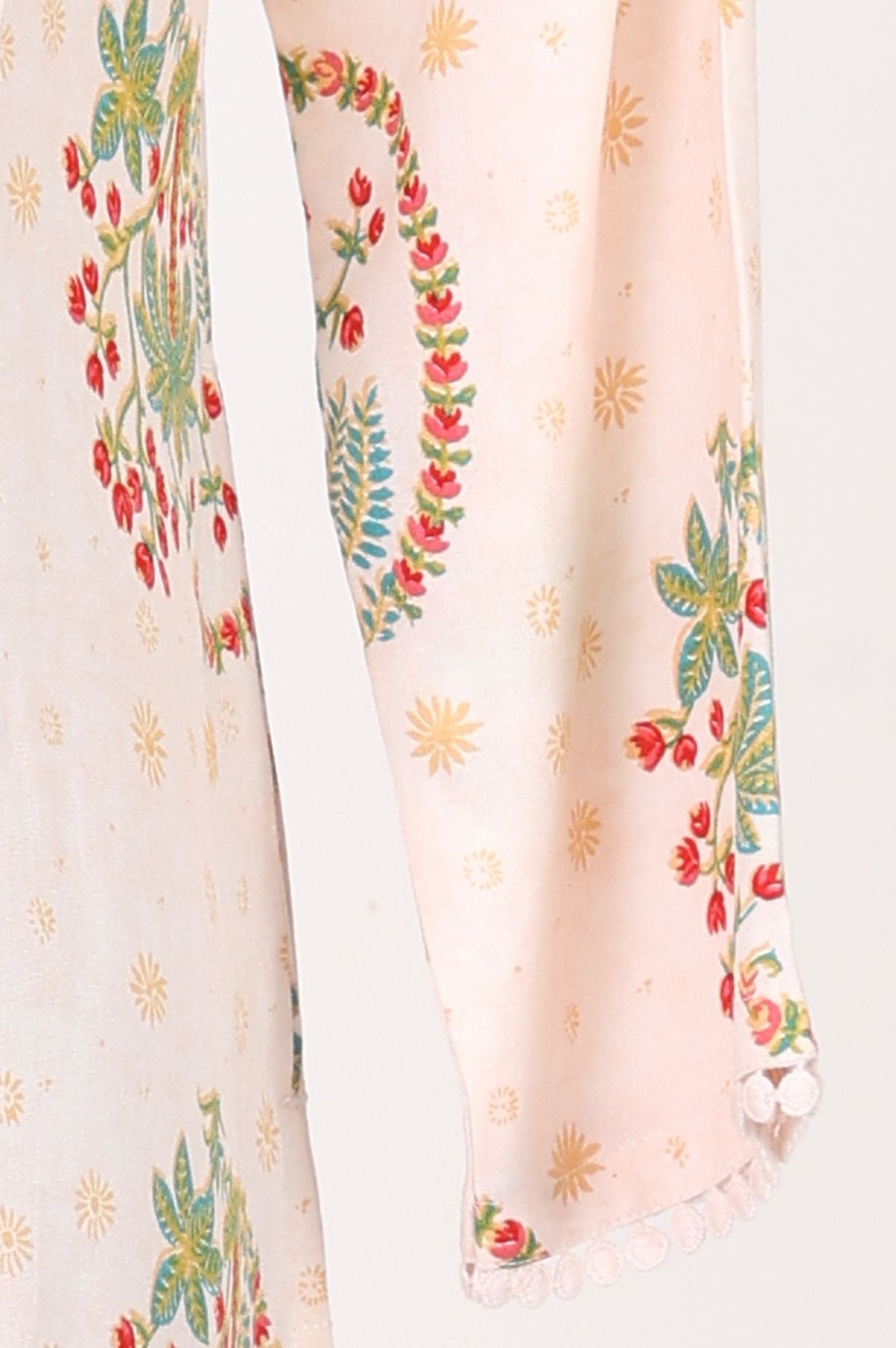 Off White Floral Printed Rayon Straight Kurta with Lace
