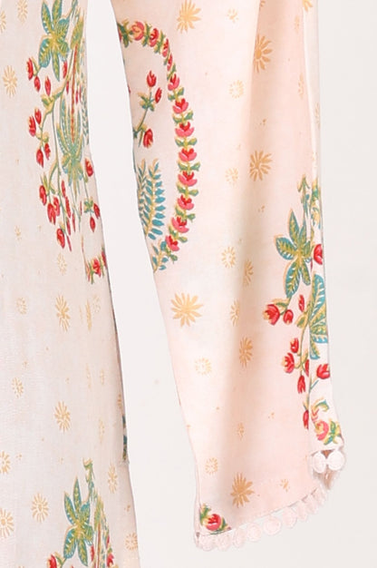 Off White Floral Printed Rayon Straight Kurta with Lace
