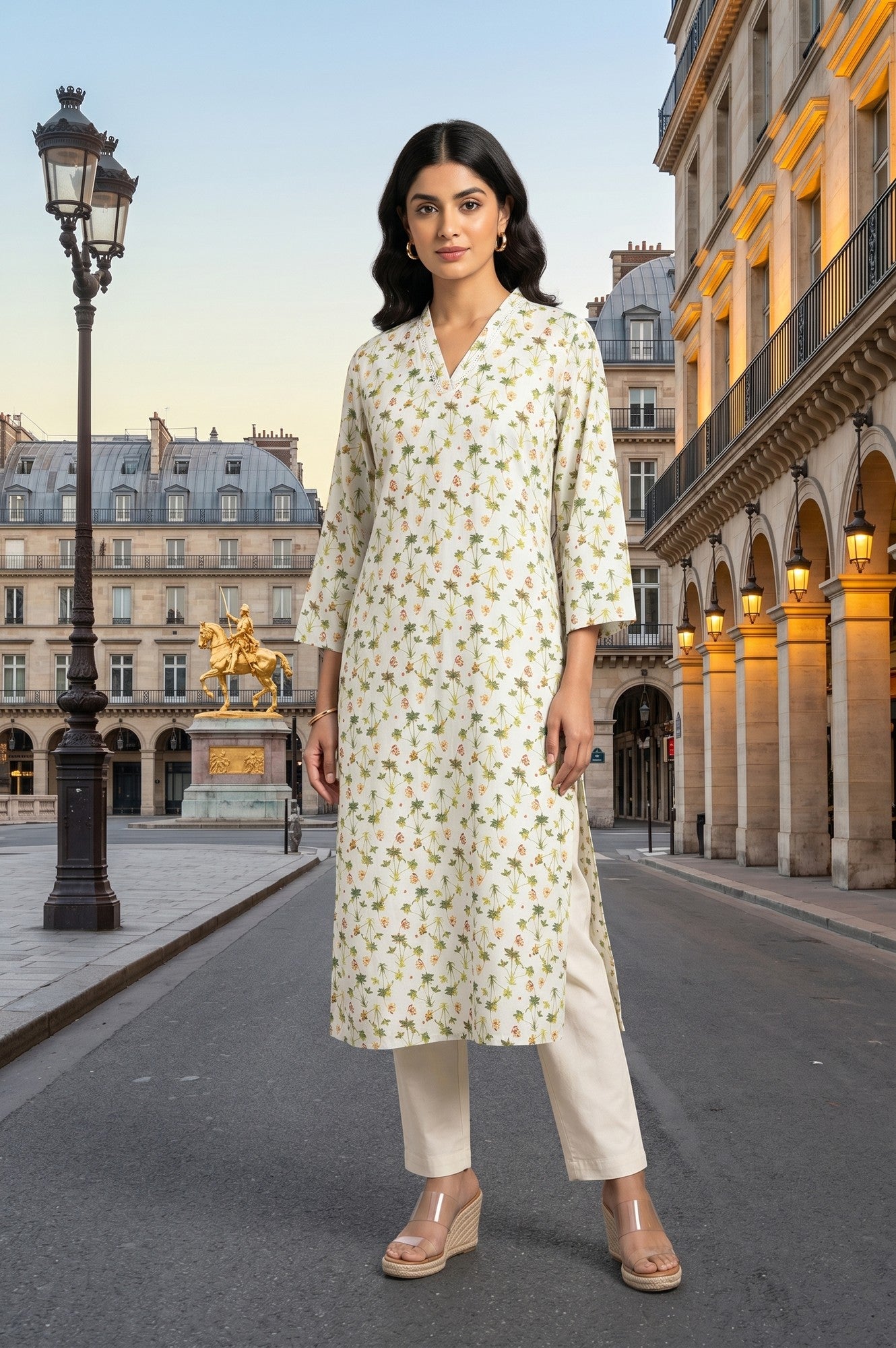 Off White Floral Printed Rayon Straight Kurta