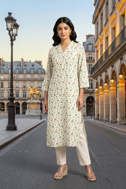 Off White Floral Printed Rayon Straight Kurta