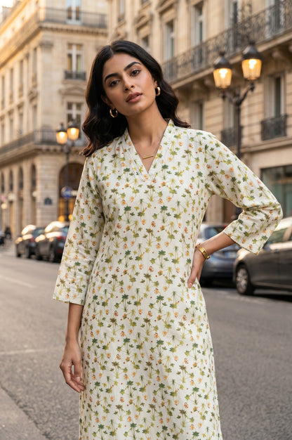 Off White Floral Printed Rayon Straight Kurta