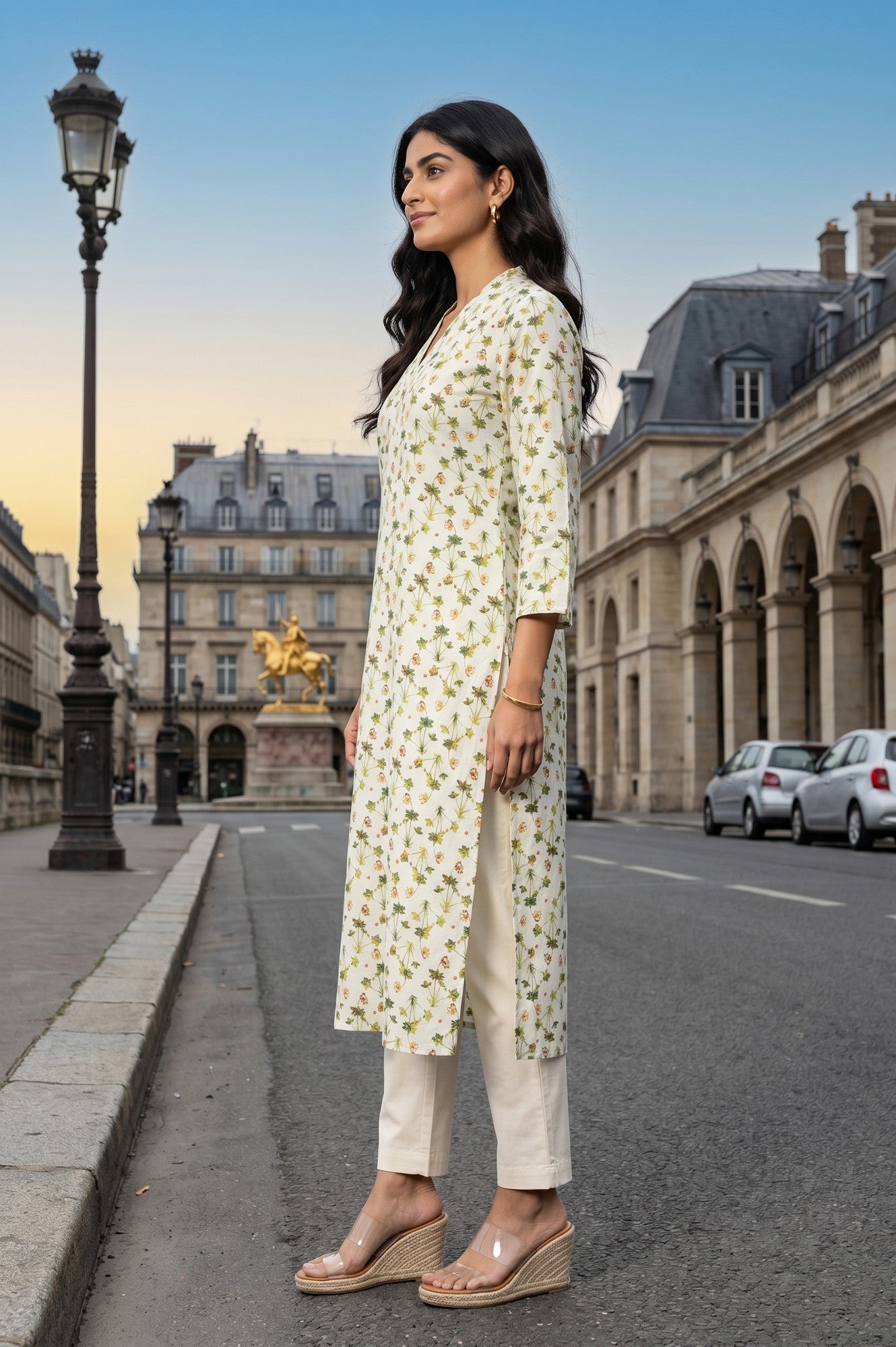 Off White Floral Printed Rayon Straight Kurta