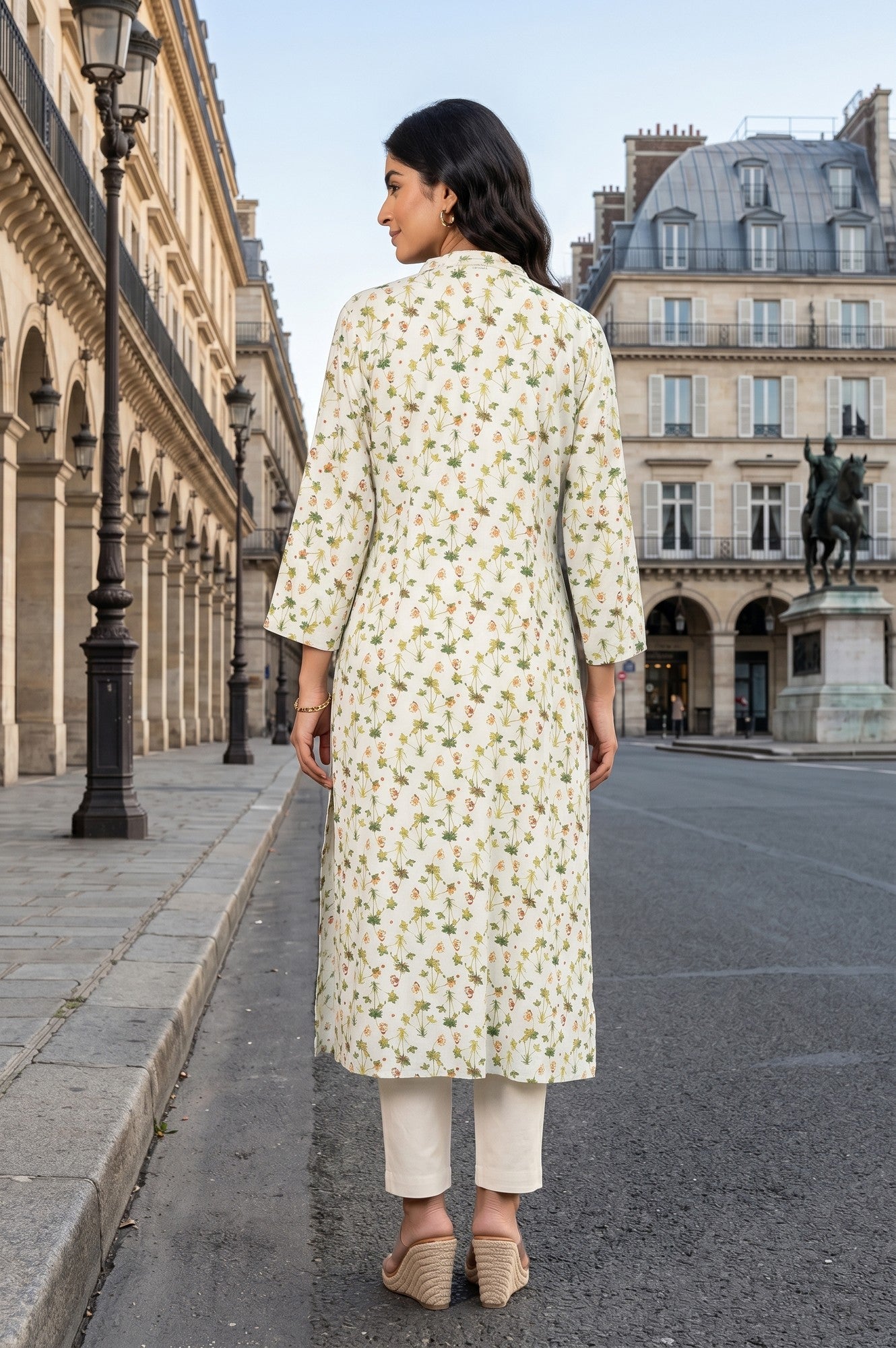 Off White Floral Printed Rayon Straight Kurta