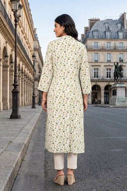 Off White Floral Printed Rayon Straight Kurta