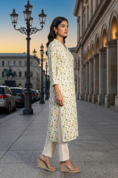 Off White Floral Printed Rayon Straight Kurta