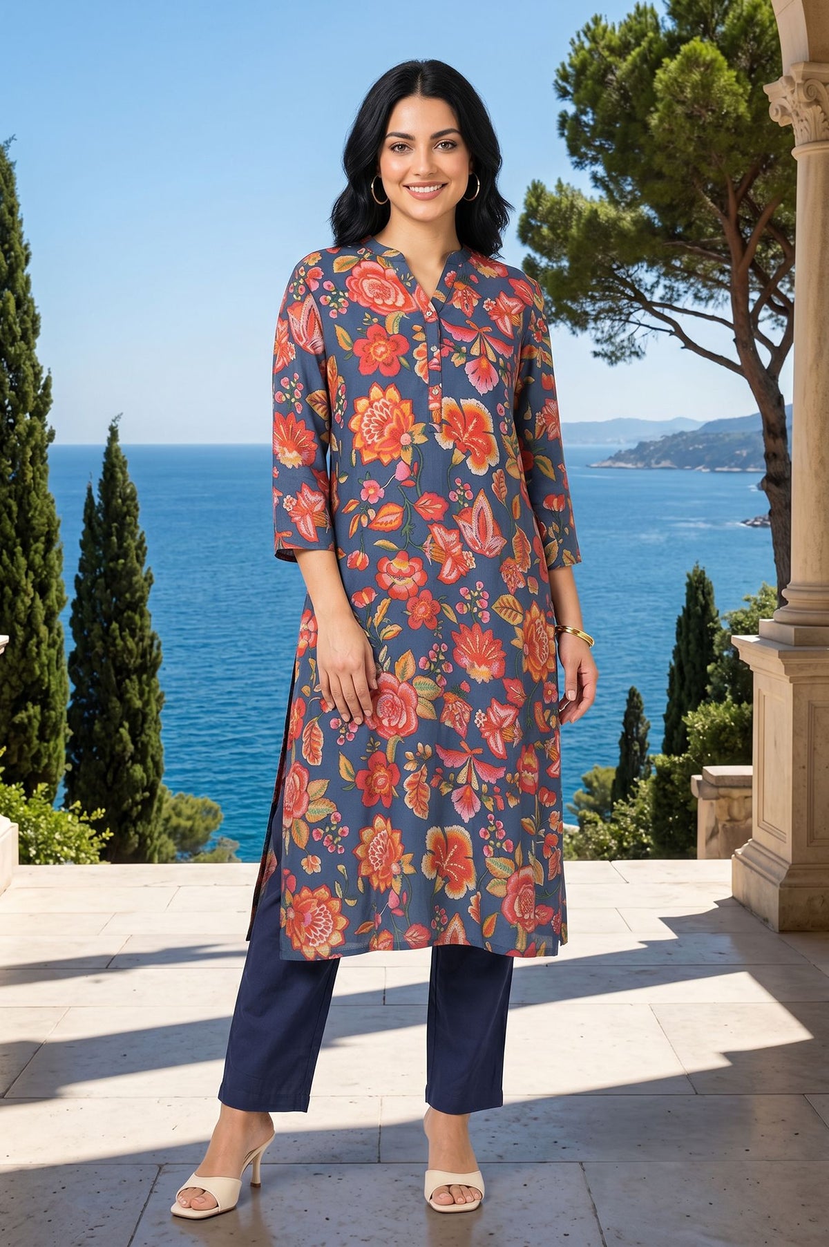Navy Blue Floral Printed Crepe Straight Kurta