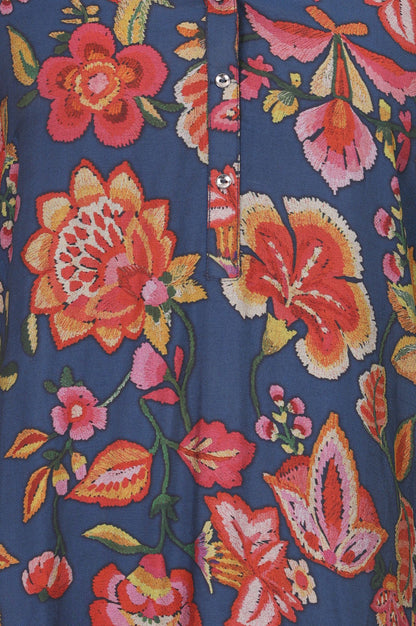 Navy Blue Floral Printed Crepe Straight Kurta