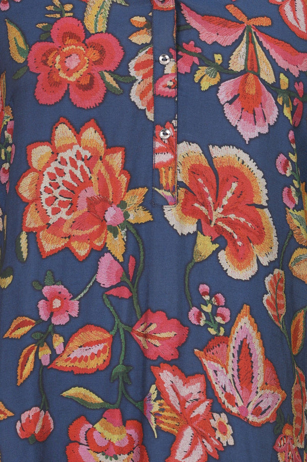 Navy Blue Floral Printed Crepe Straight Kurta