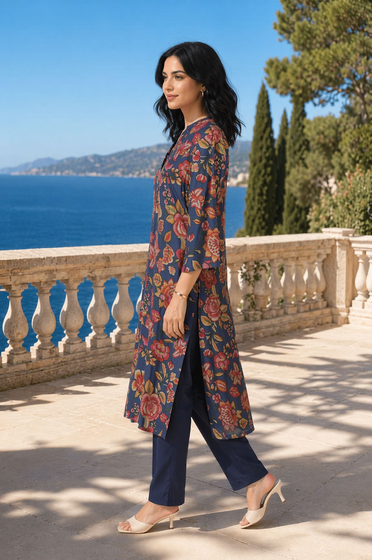 Navy Blue Floral Printed Crepe Straight Kurta