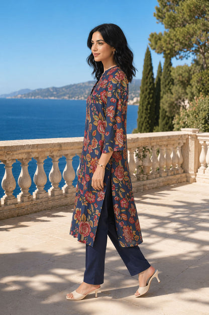 Navy Blue Floral Printed Crepe Straight Kurta
