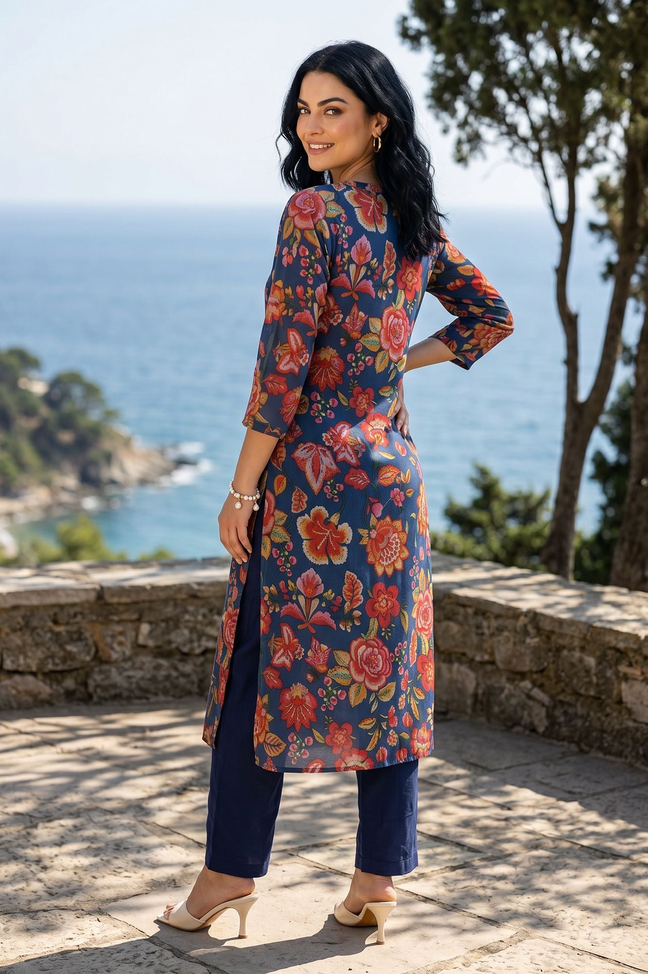 Navy Blue Floral Printed Crepe Straight Kurta