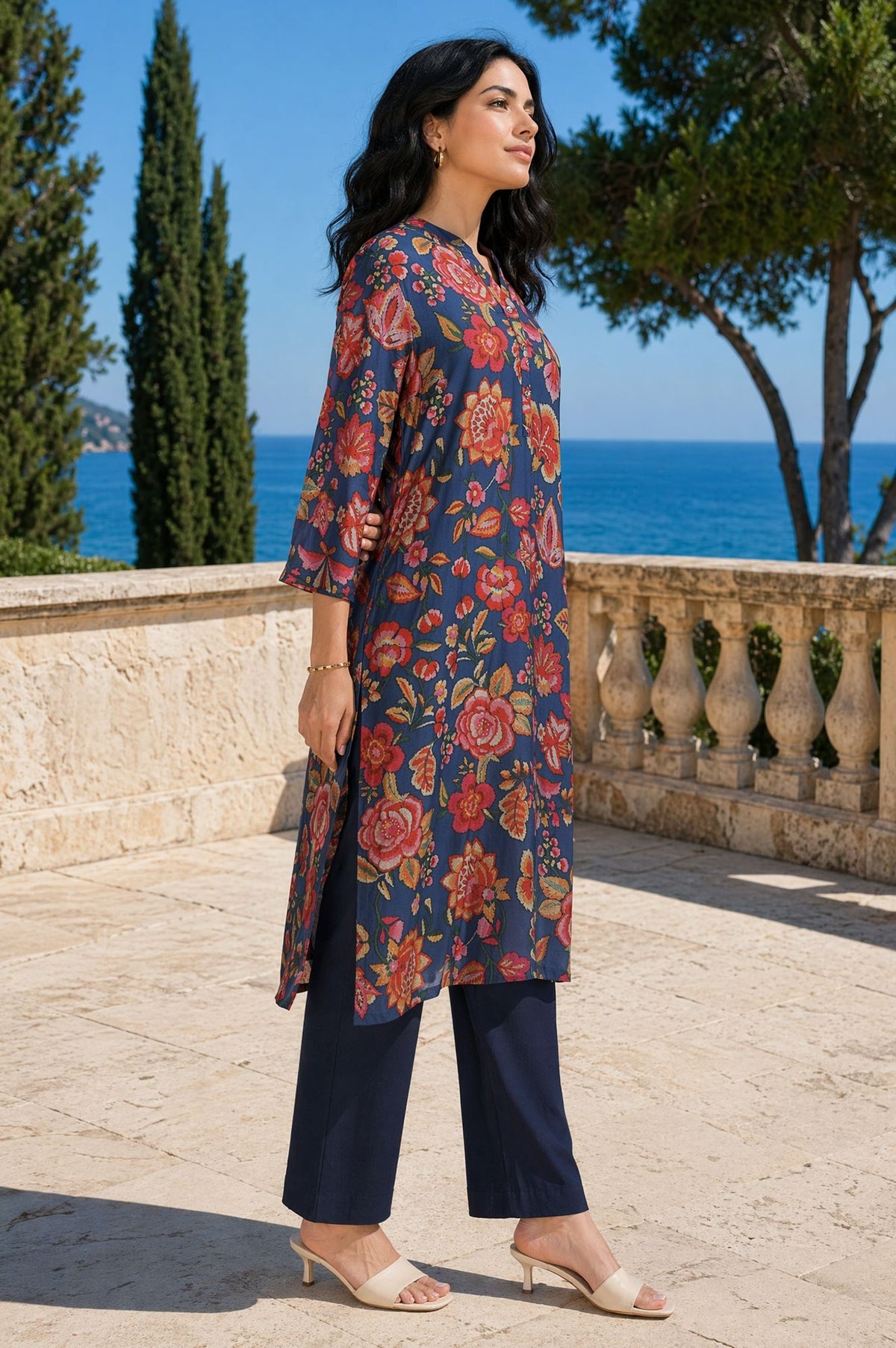 Navy Blue Floral Printed Crepe Straight Kurta
