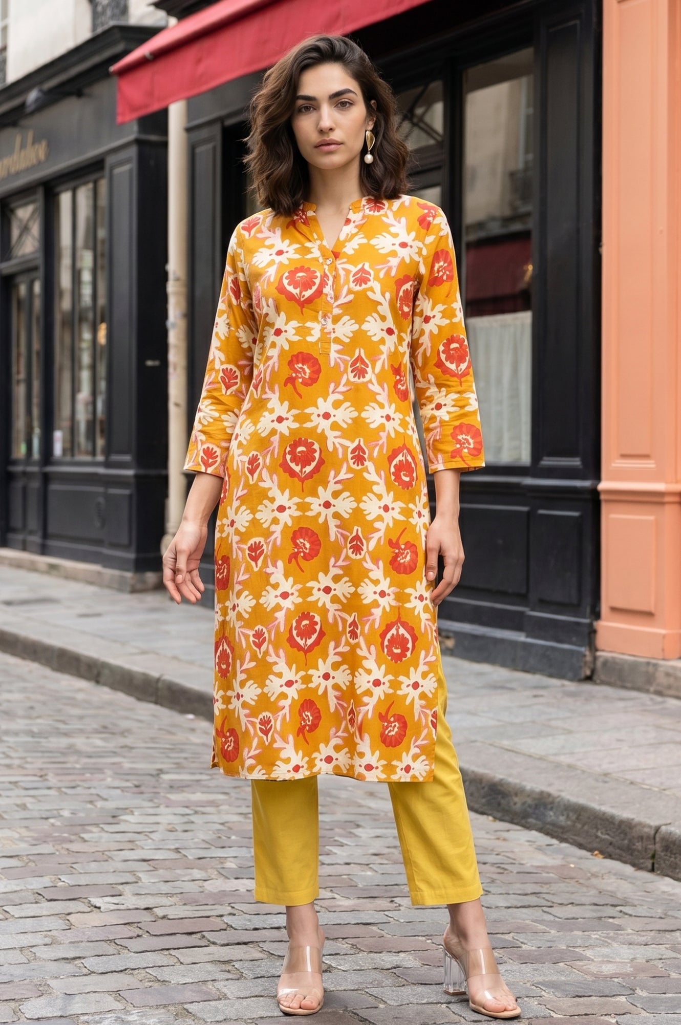 Mustard Floral Printed Straight Kurta