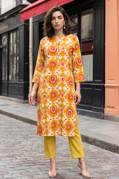 Mustard Floral Printed Straight Kurta