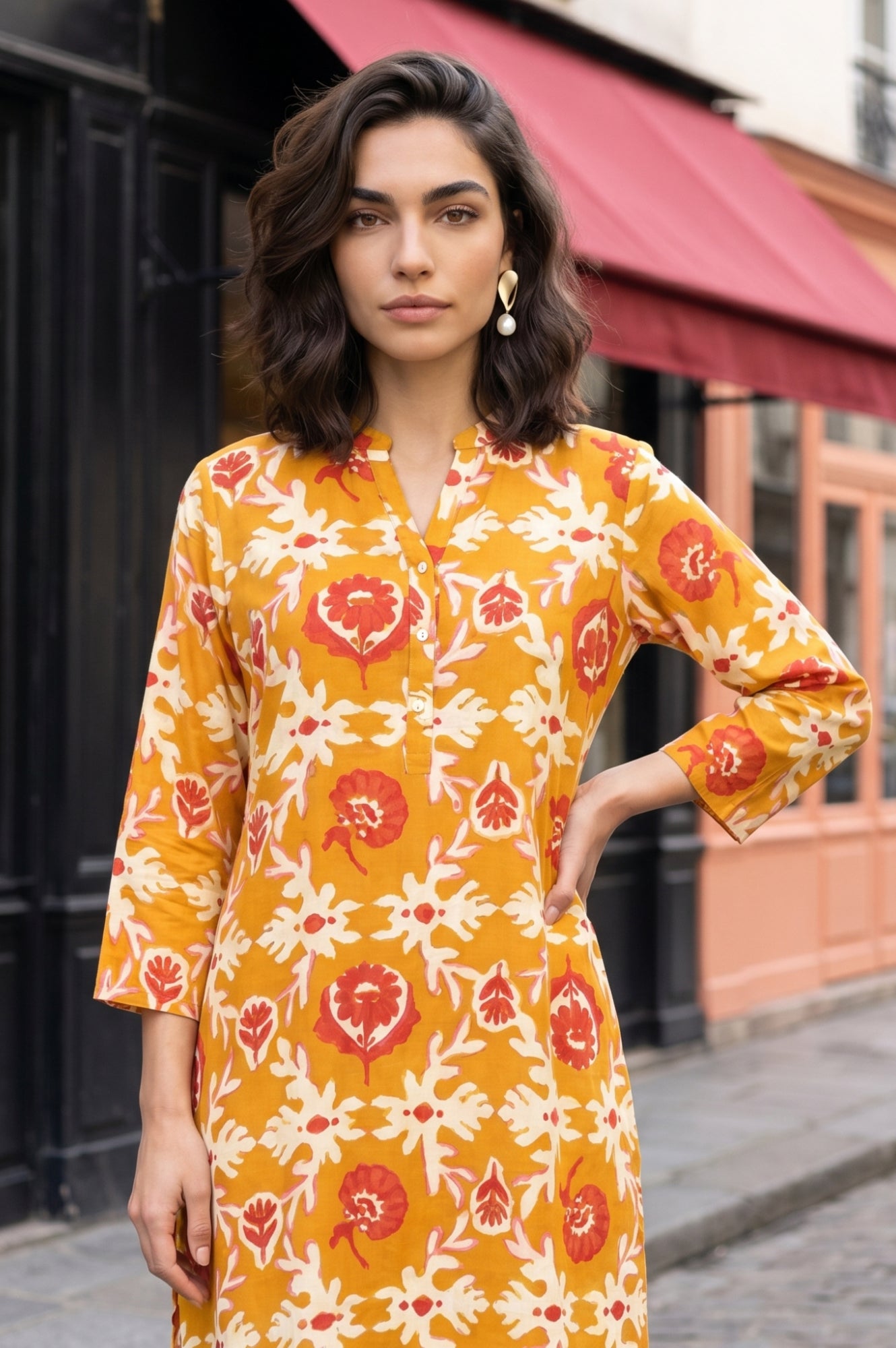 Mustard Floral Printed Straight Kurta
