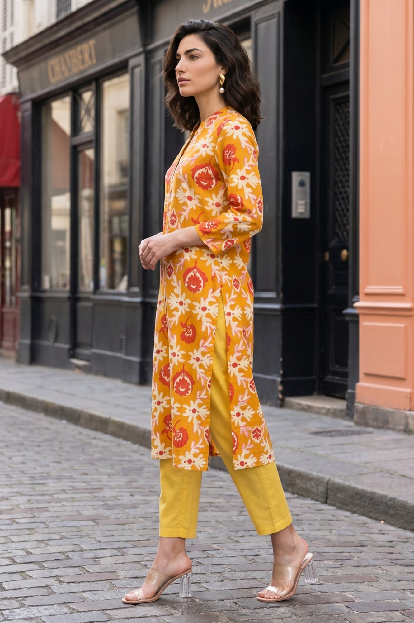 Mustard Floral Printed Straight Kurta