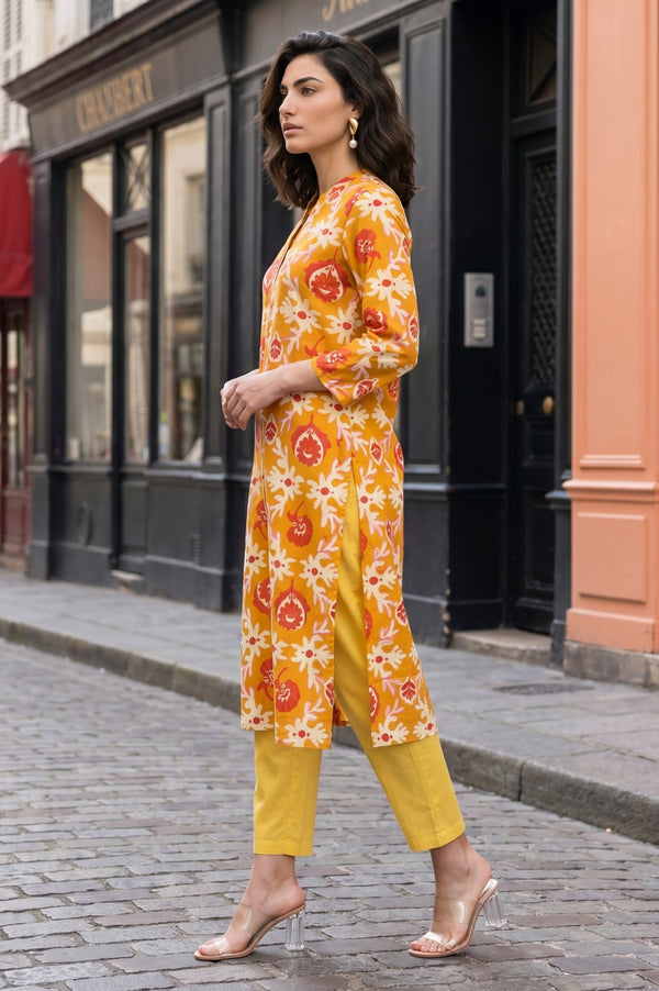 Mustard Floral Printed Straight Kurta