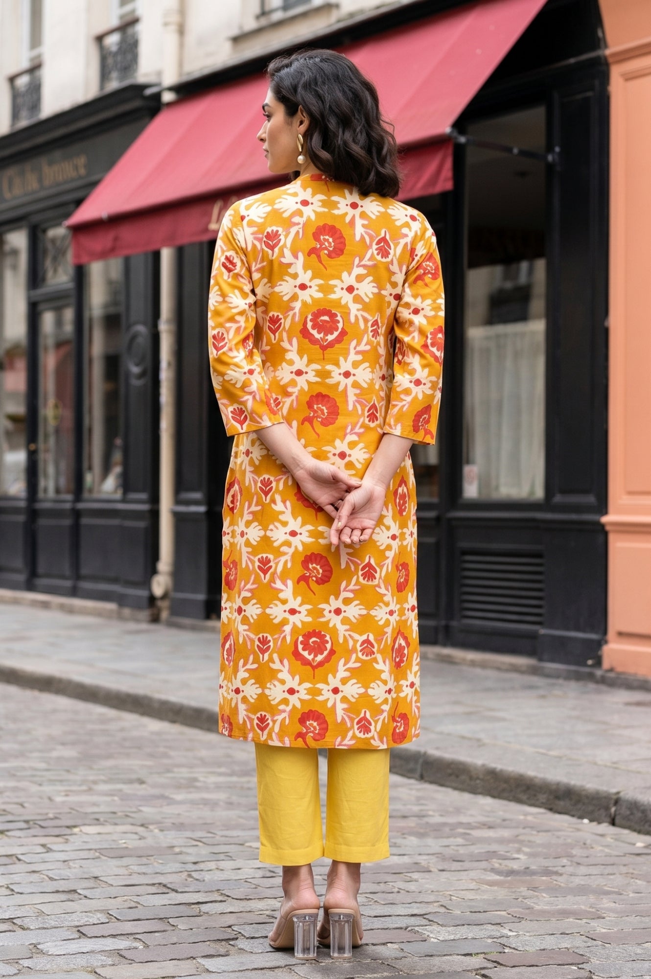 Mustard Floral Printed Straight Kurta