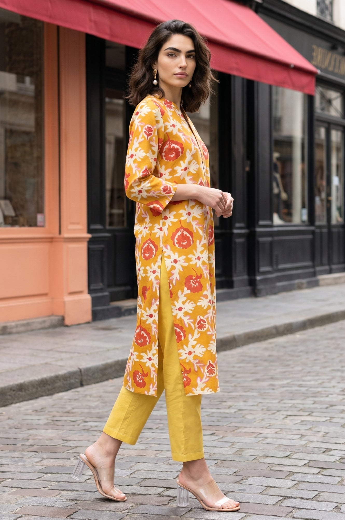 Mustard Floral Printed Straight Kurta
