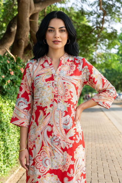 Red Paisley Straight Kurta