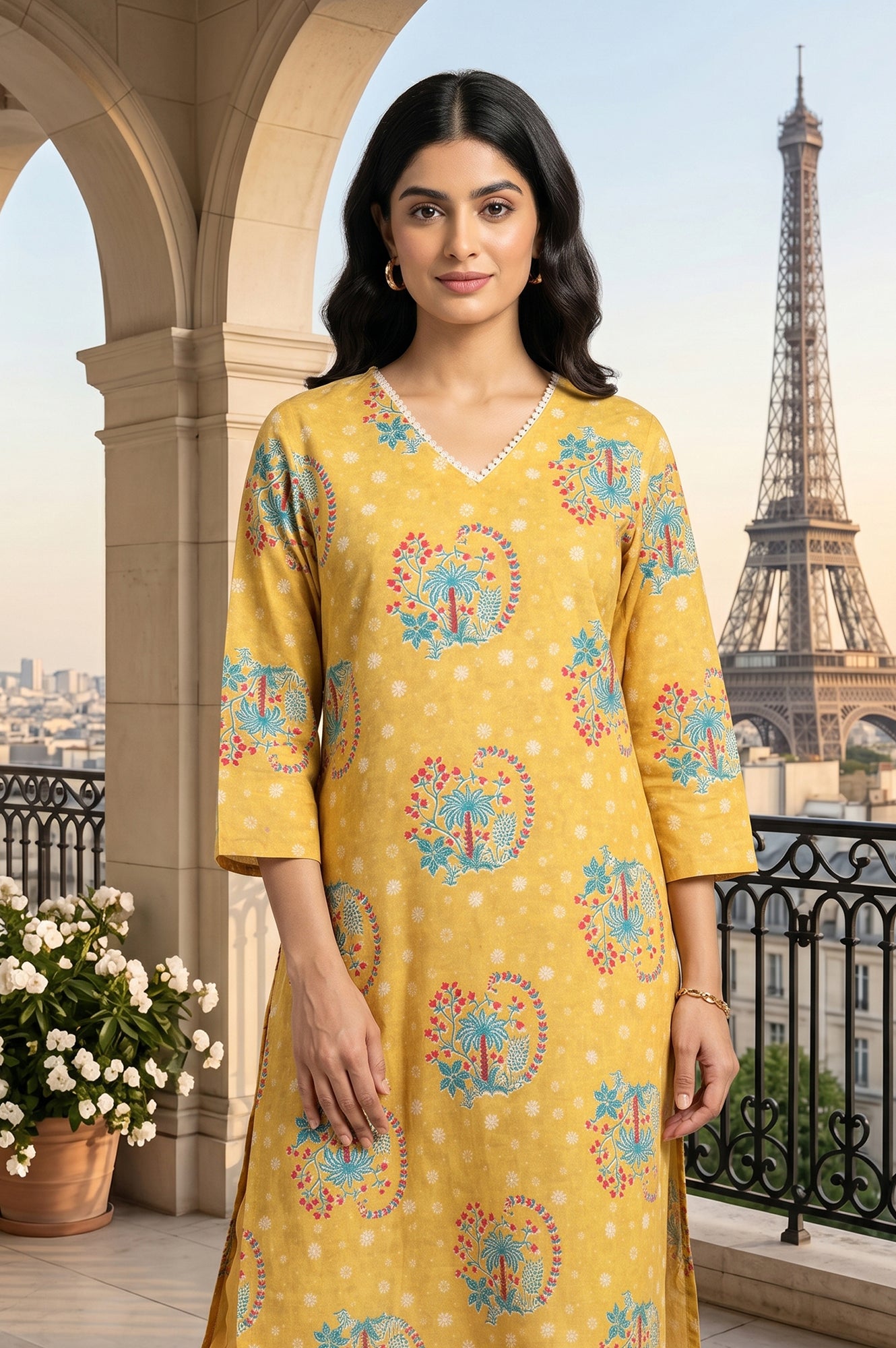 Mustard Floral Printed Pure Cotton Straight Kurta