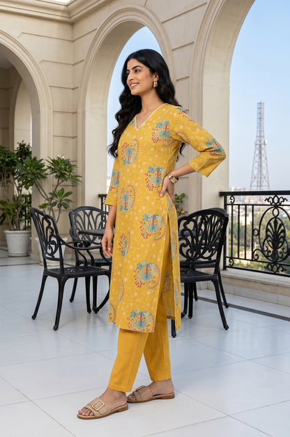 Mustard Floral Printed Pure Cotton Straight Kurta