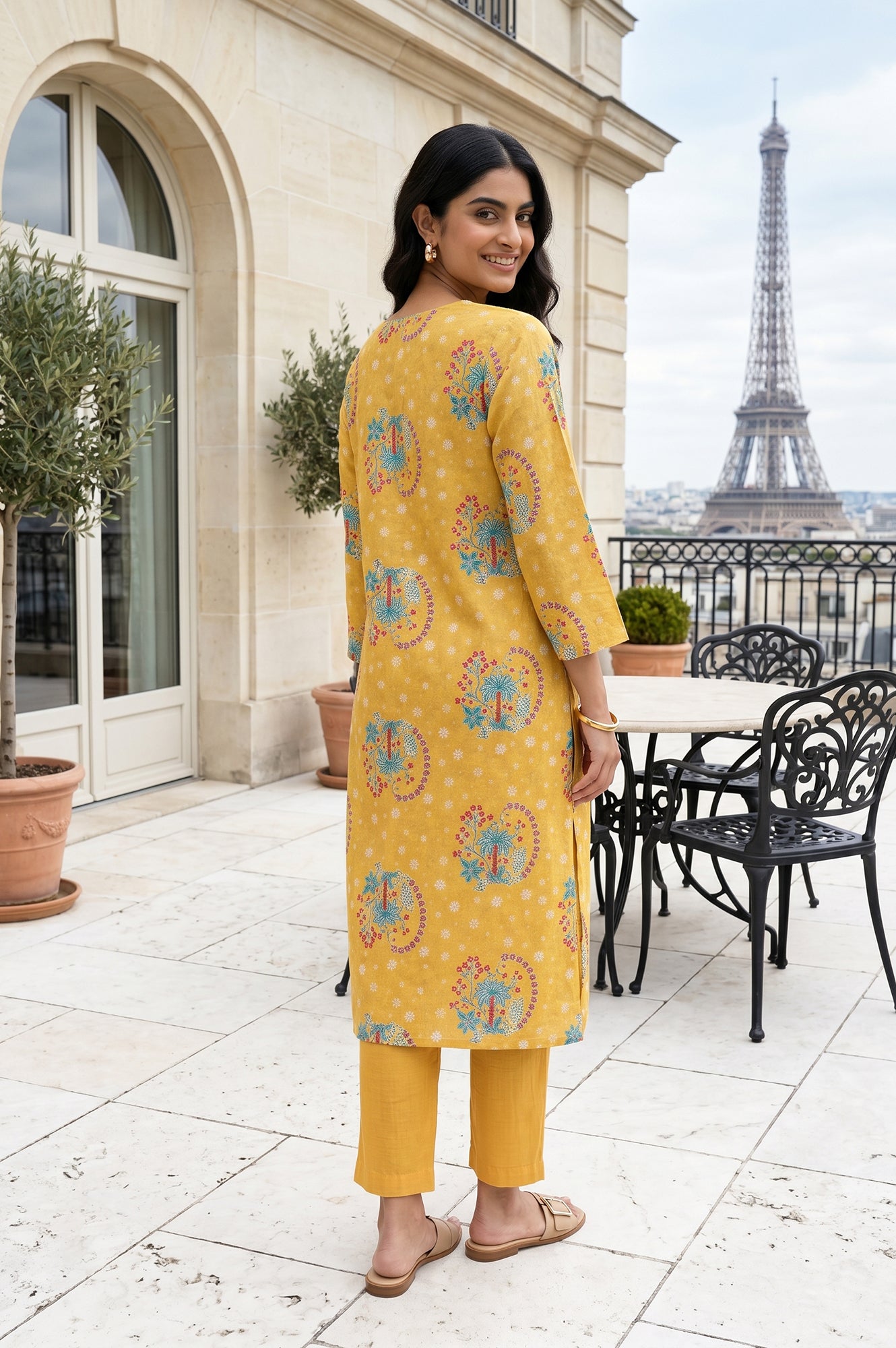 Mustard Floral Printed Pure Cotton Straight Kurta