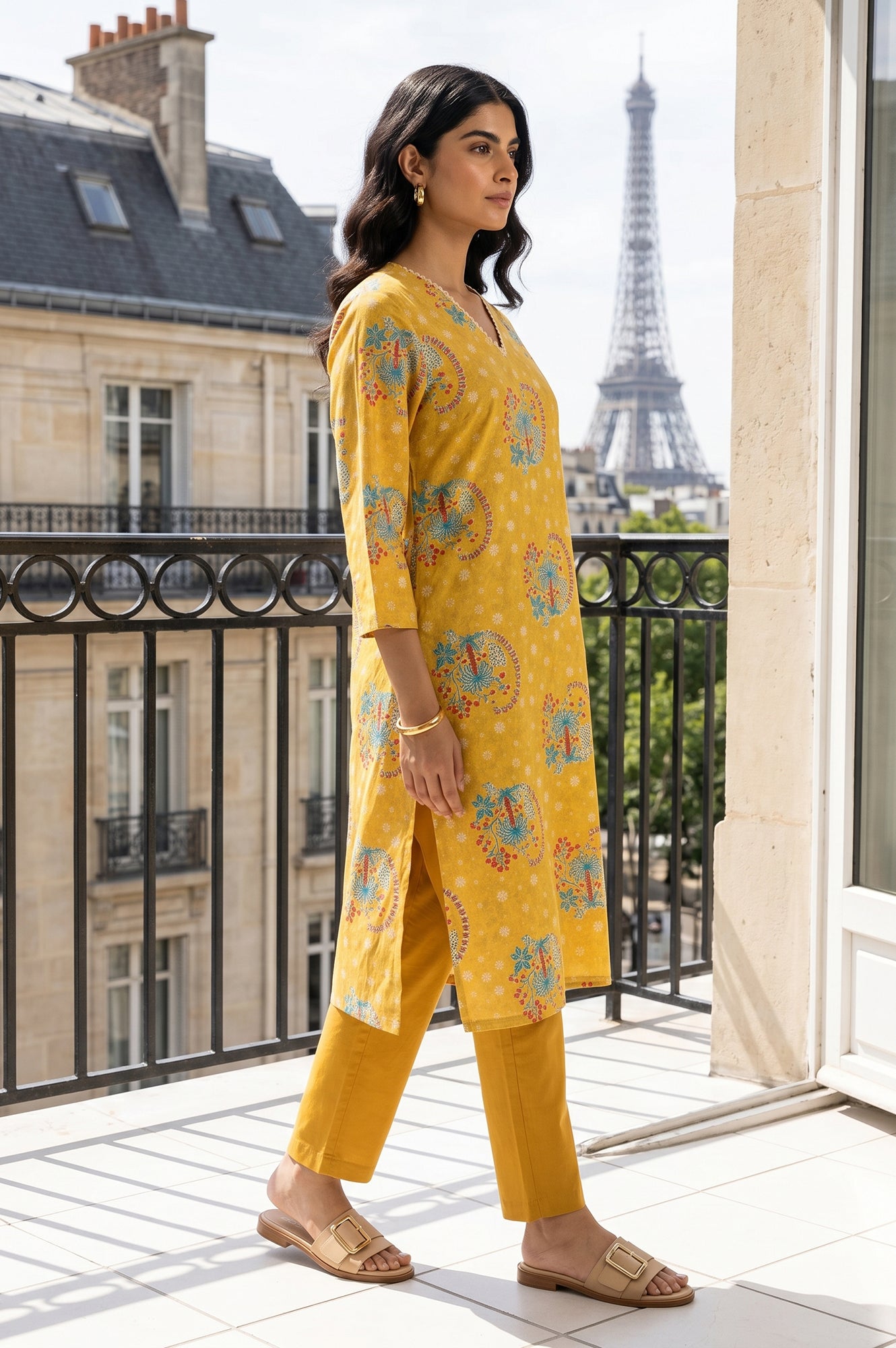 Mustard Floral Printed Pure Cotton Straight Kurta