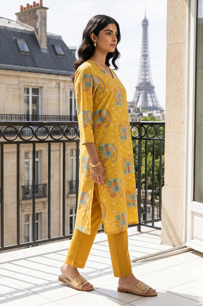 Mustard Floral Printed Pure Cotton Straight Kurta