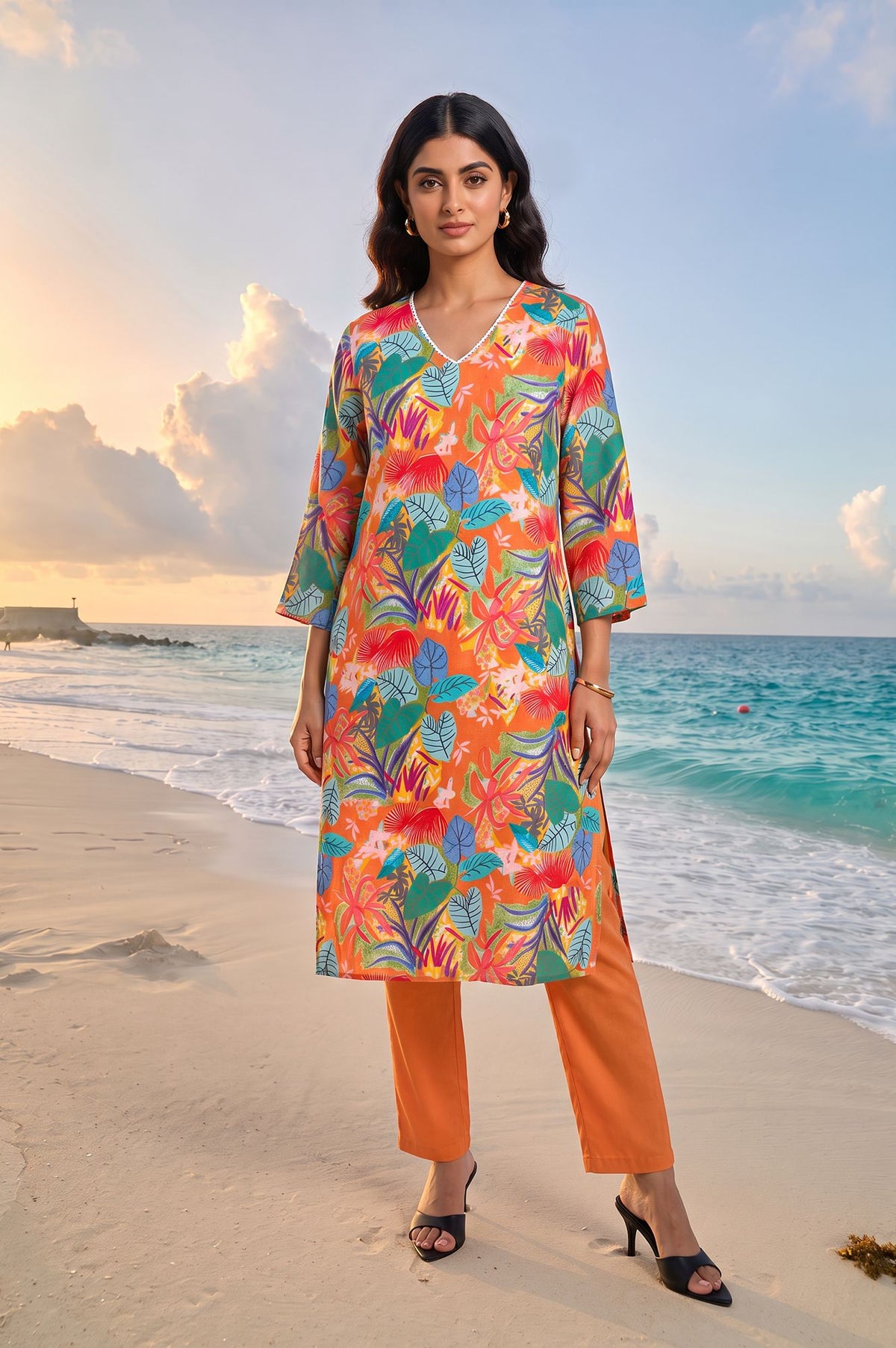 Orange Floral Printed Straight Kurta