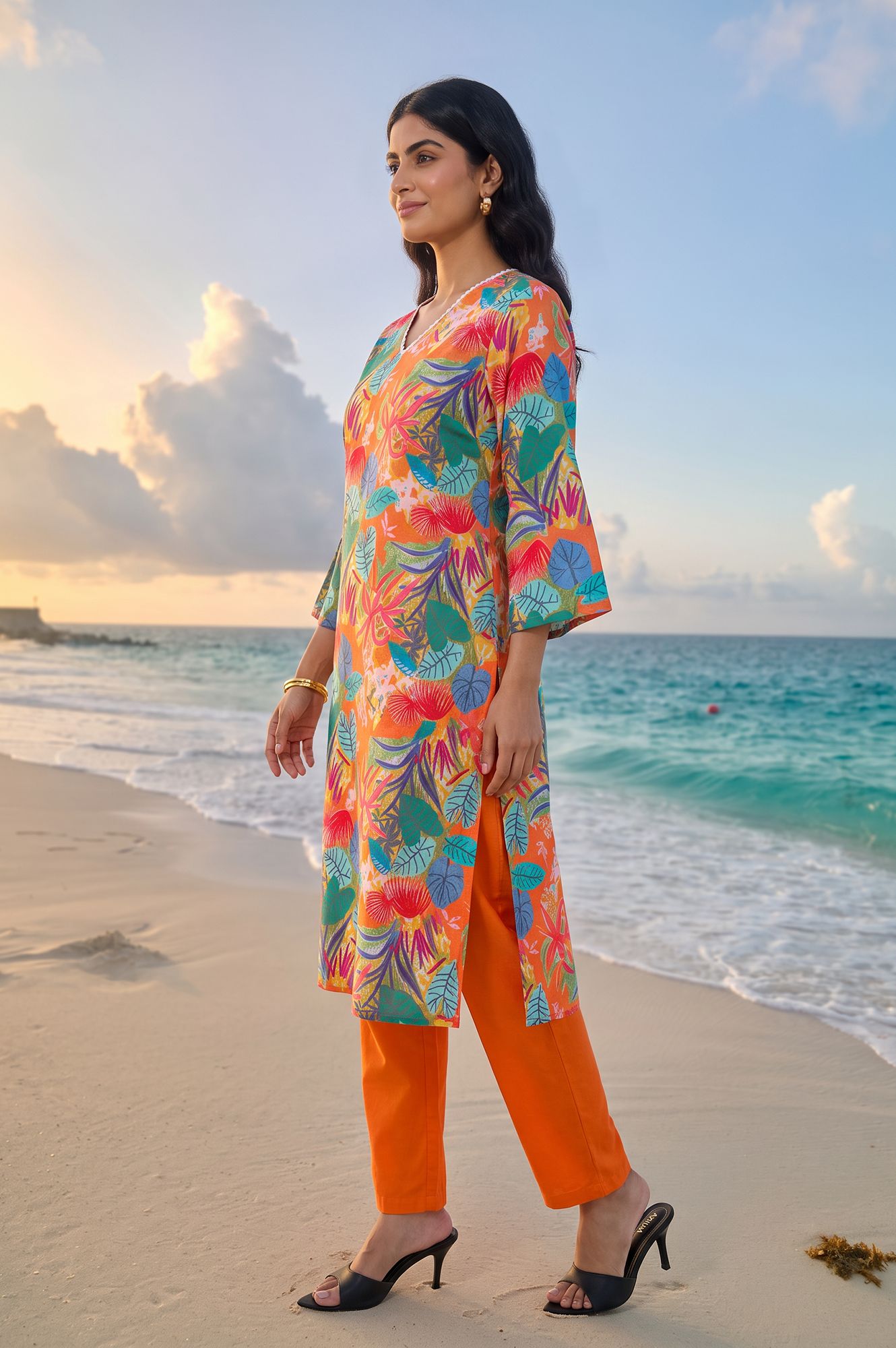 Orange Floral Printed Straight Kurta