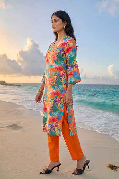 Orange Floral Printed Straight Kurta