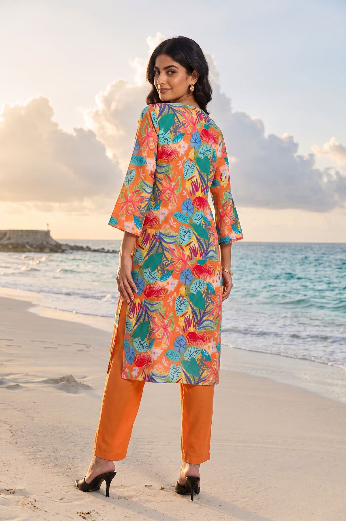 Orange Floral Printed Straight Kurta