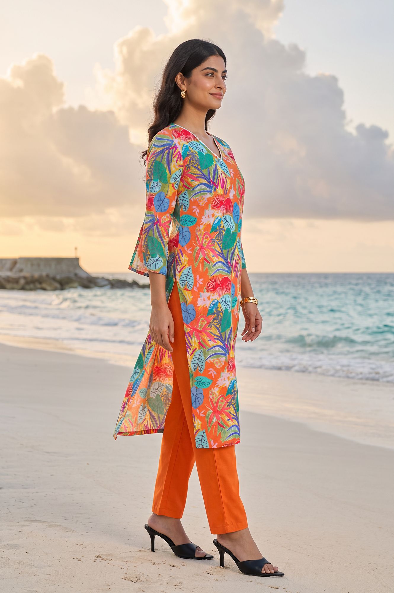Orange Floral Printed Straight Kurta