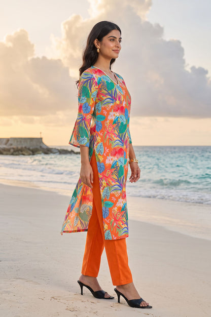 Orange Floral Printed Straight Kurta