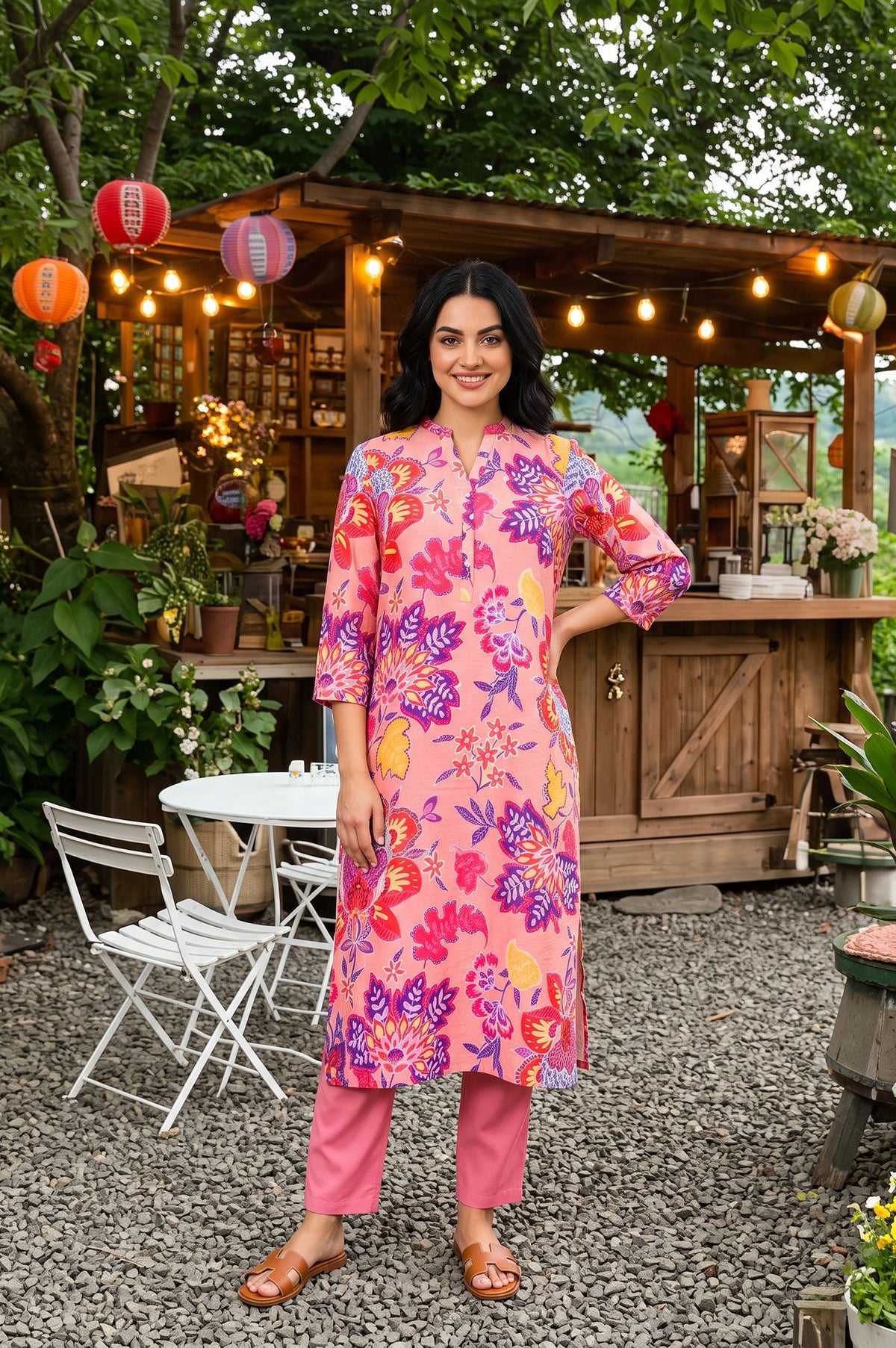 Pink Floral Printed Straight Kurta
