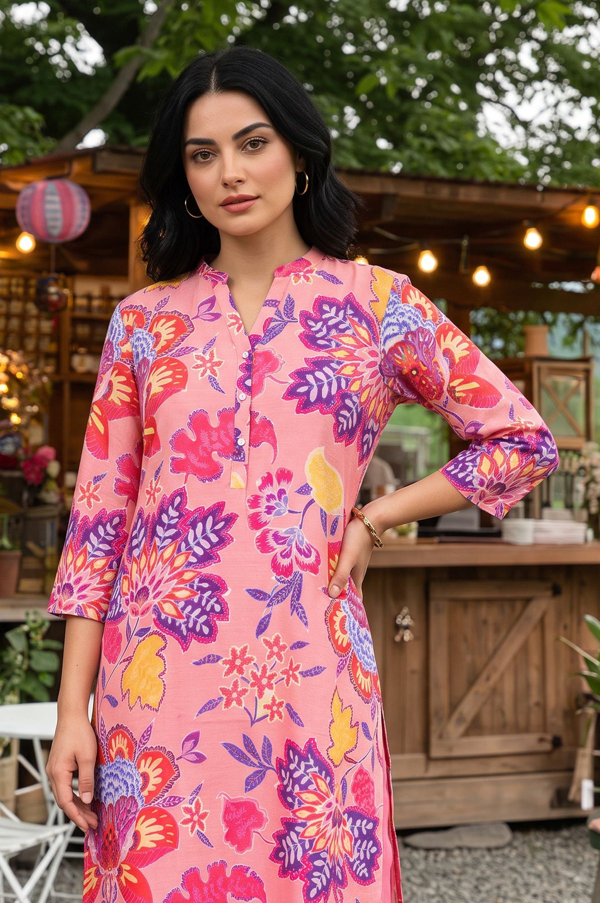 Pink Floral Printed Straight Kurta
