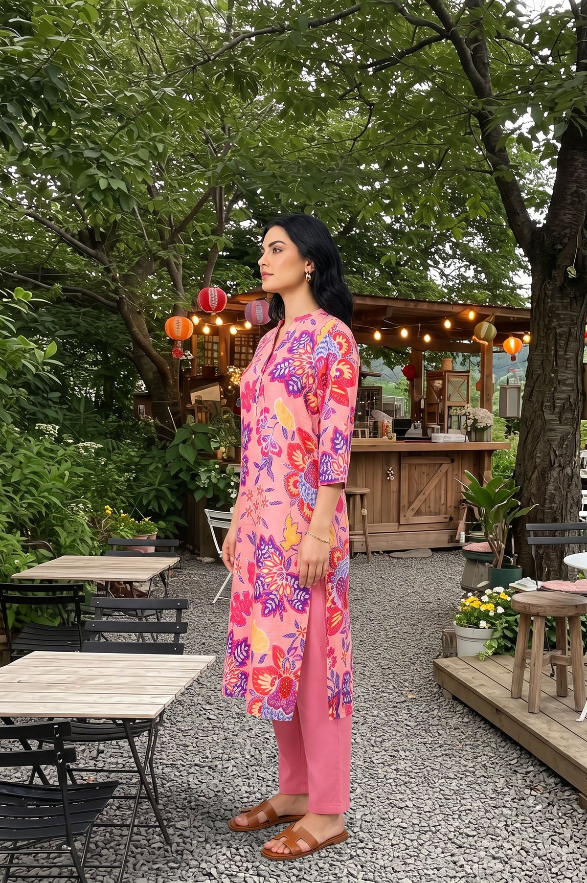 Pink Floral Printed Straight Kurta