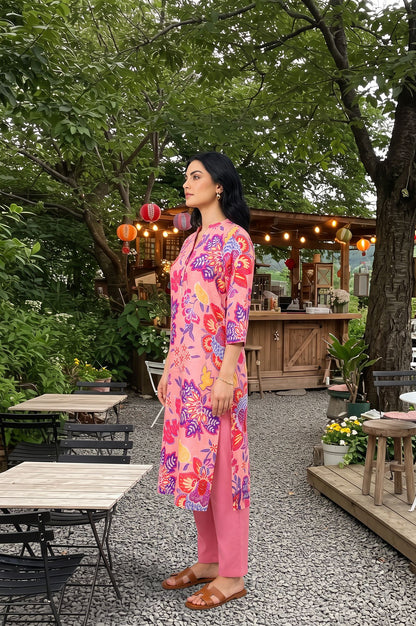 Pink Floral Printed Straight Kurta