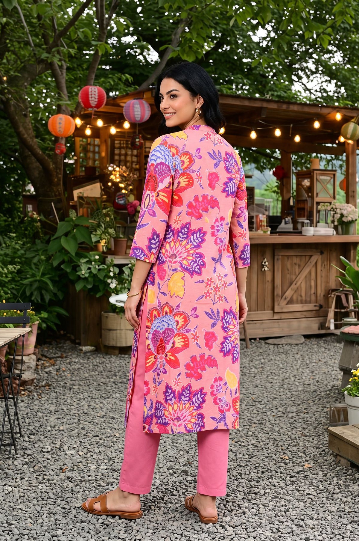 Pink Floral Printed Straight Kurta