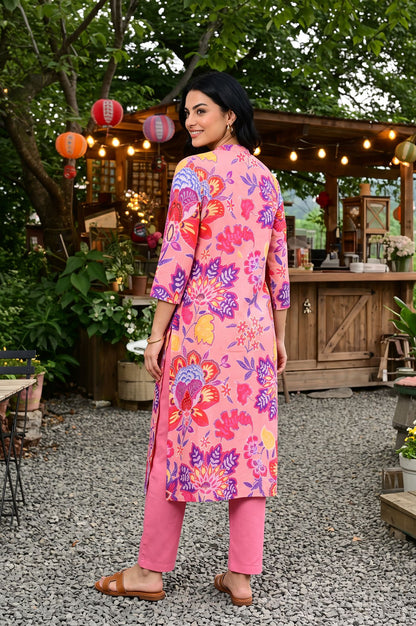 Pink Floral Printed Straight Kurta