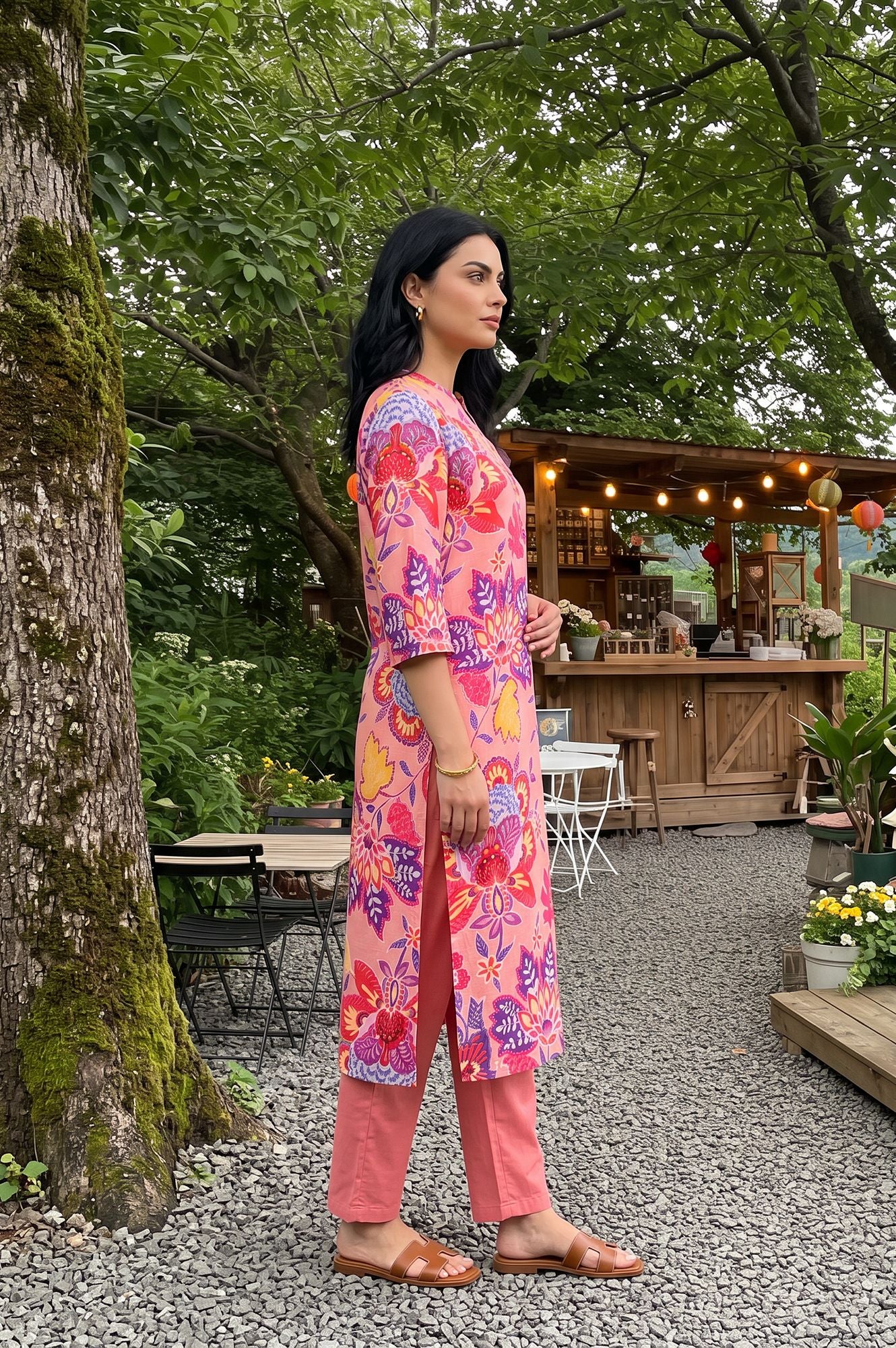 Pink Floral Printed Straight Kurta
