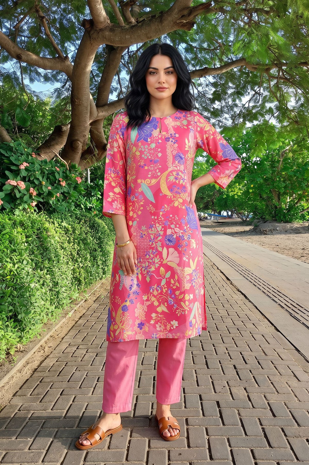 Pink Floral Printed Straight Kurta - S