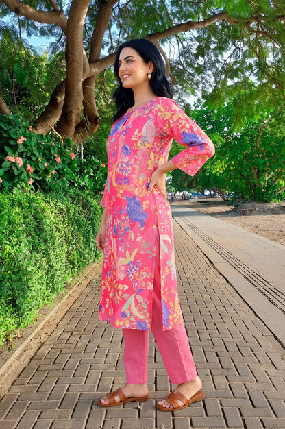Pink Floral Printed Straight Kurta