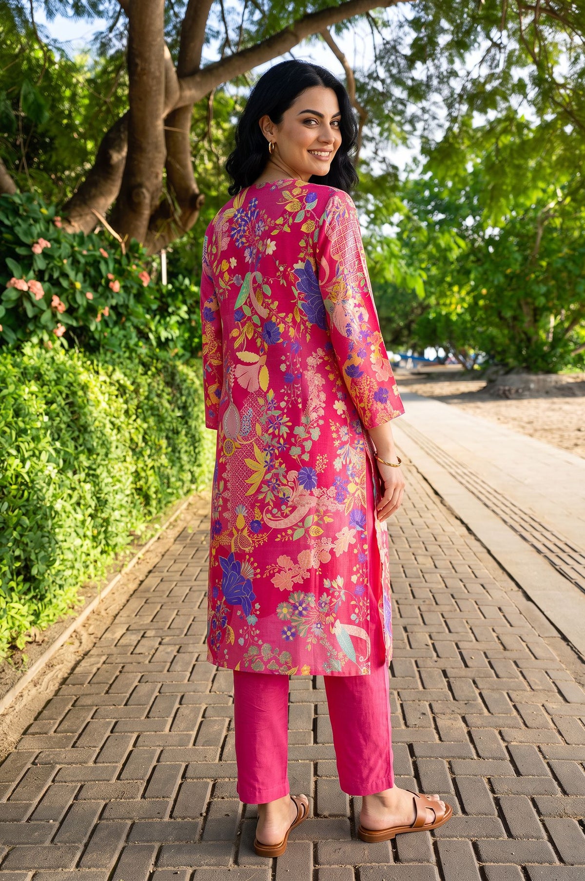 Pink Floral Printed Straight Kurta