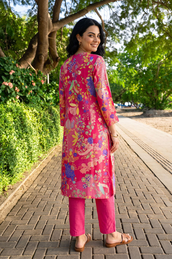 Pink Floral Printed Straight Kurta