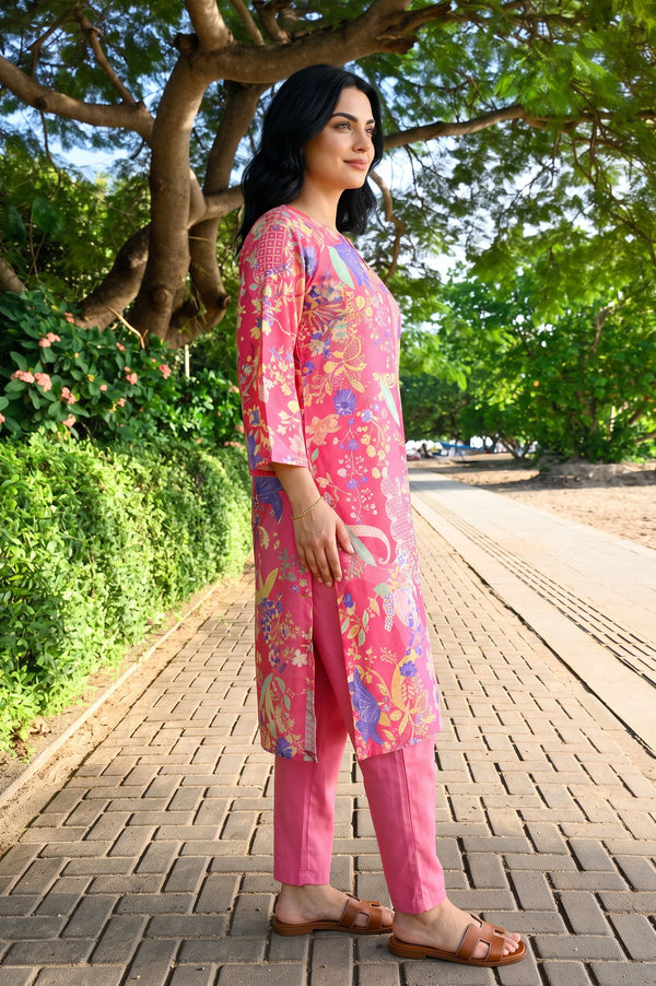 Pink Floral Printed Straight Kurta