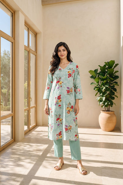 Sea Green Floral Printed Straight Kurta